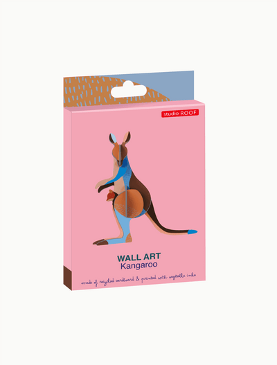 
                    
                      Studio Roof 3d Kangaroo build kit box, pink with colorful abstract kangaroo graphic, made of recycled cardboard, angled…
                    
                  