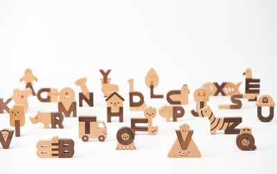 
                    
                      Alphabet Play Blocks, two-tone beech and walnut wood, a wide array of letter and animal shapes spread out on white.
                    
                  