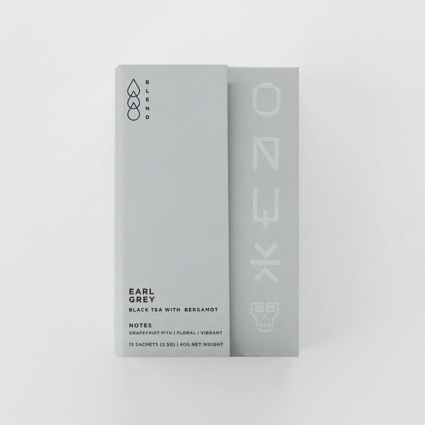Onyx Coffee Lab Earl Grey tea sachets box, light grey packaging with black text, front angled view on white.