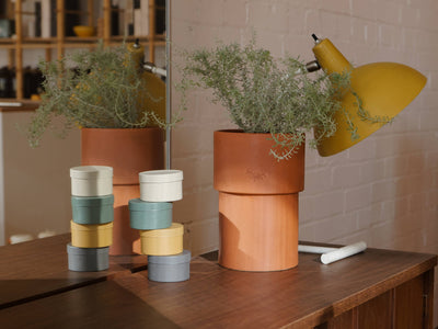 
                    
                      Field Kit The Librarian Tin Candle (Paper + Musk) stack of muted colored tin candles, reflected in mirror on wooden table.
                    
                  