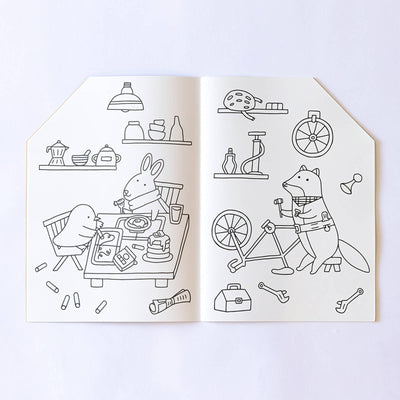 
                    
                      Jumbo House coloring book, open spread with black line drawings: rabbit & bird eating at a table, fox fixing a bike on white…
                    
                  