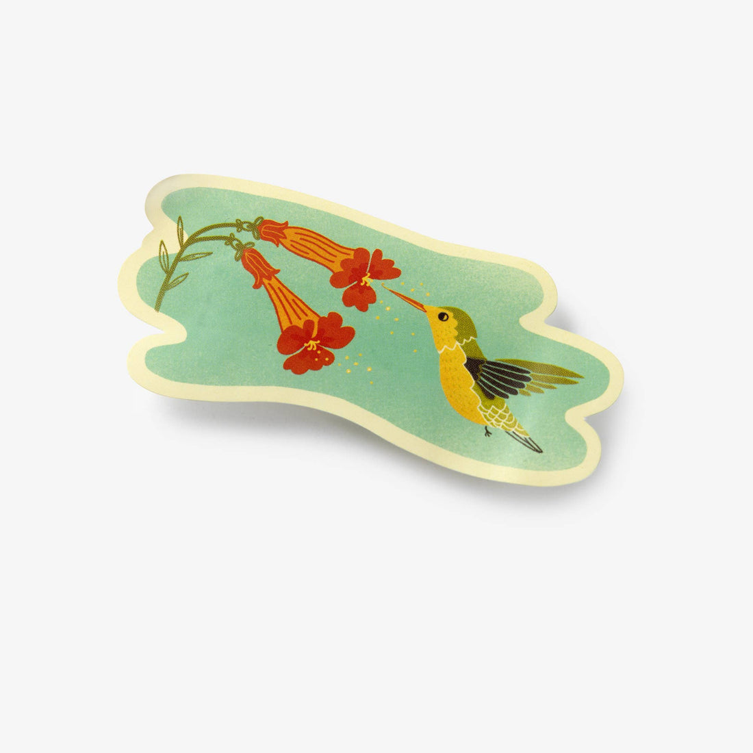 Garden Sticker Set die-cut sticker: yellow and green hummingbird feeding from red trumpet flowers on blue background, angled…