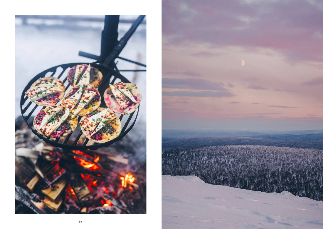 Food Over the Campfire print book interior spread: small pizzas on campfire grill, snowy forest under pink sky with moon.