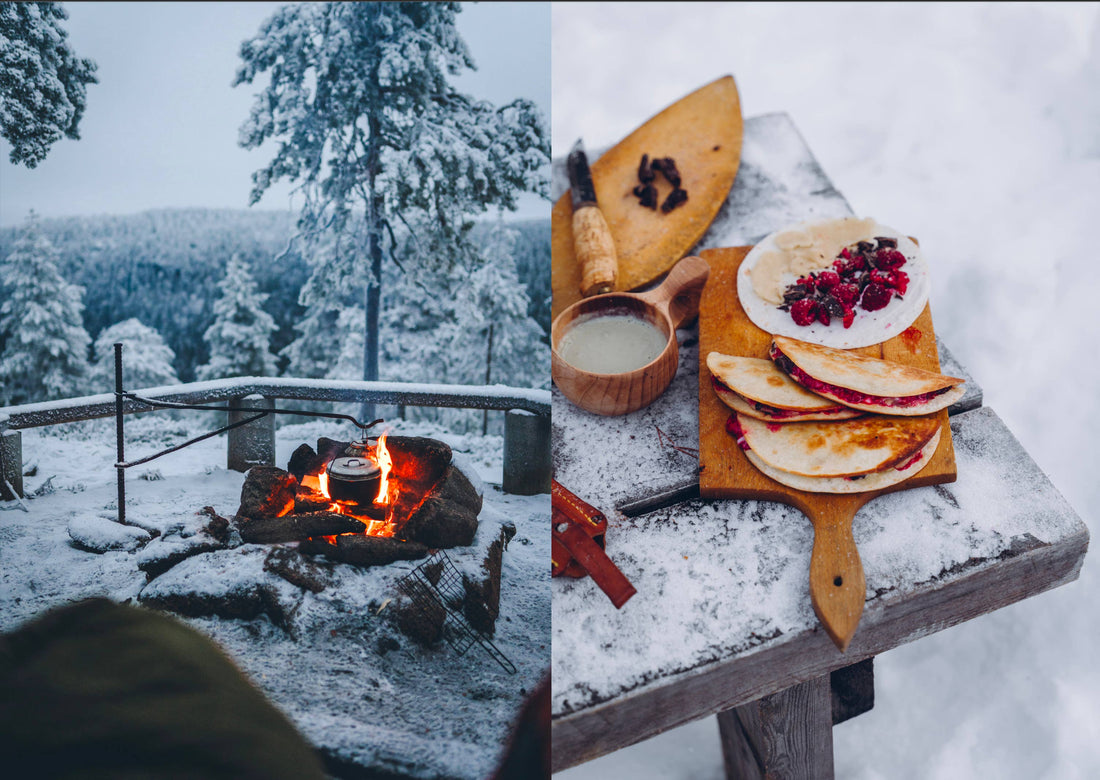 Food Over the Campfire recipe book content: winter campsite with cooking pot over fire, prepared outdoor meal on snowy table.