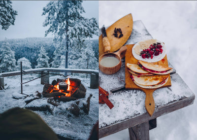 
                    
                      Food Over the Campfire recipe book content: winter campsite with cooking pot over fire, prepared outdoor meal on snowy table.
                    
                  