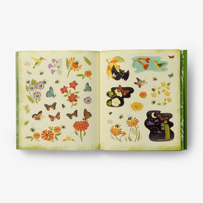 
                    
                      What's Inside Garden Sticker Set, open two-page spread revealing colorful garden, pollinator, and night creature stickers.
                    
                  