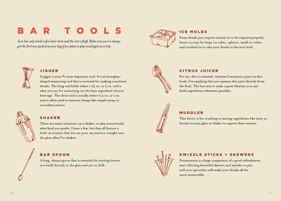 
                    
                      The Booze-Free Bar(c)art Book, interior page showing 'Bar Tools' section with reddish-brown sketches of barware.
                    
                  