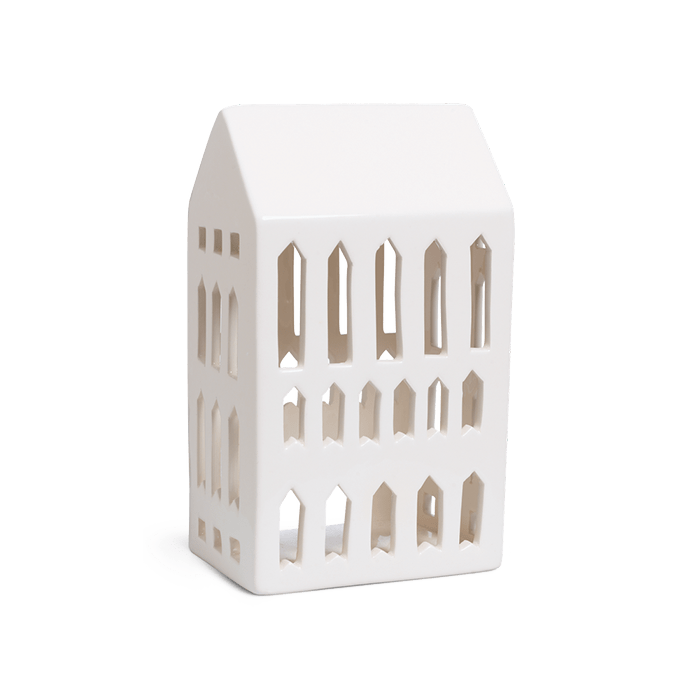 Urbania Church ceramic candle holder, white dolomite, angled view highlighting multiple window cut-outs.