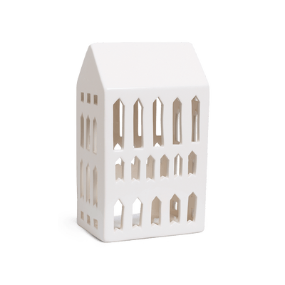 
                    
                      Urbania Church ceramic candle holder, white dolomite, angled view highlighting multiple window cut-outs.
                    
                  