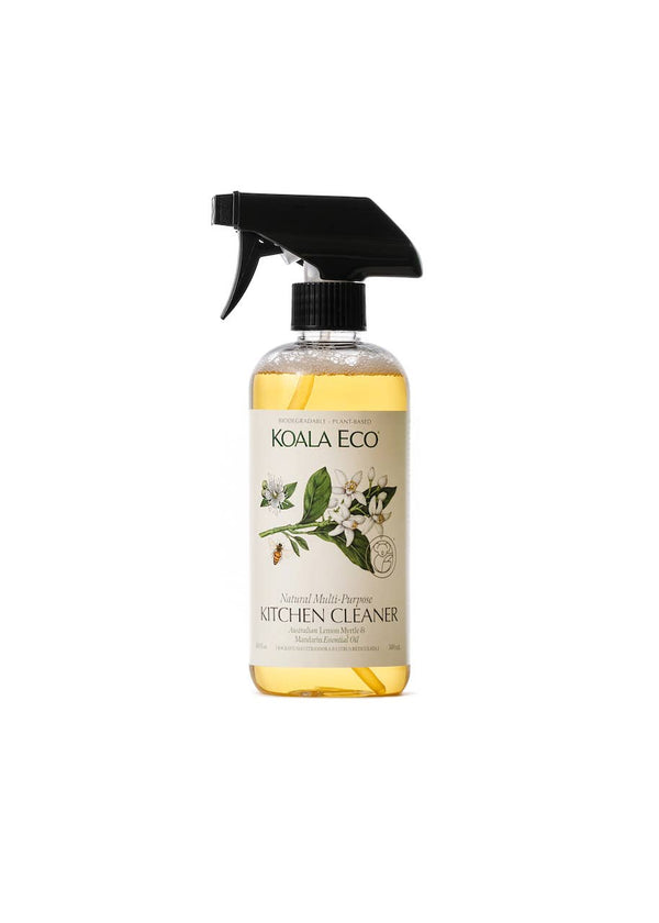 Koala Eco Lemon Myrtle & Mandarin Multi-Purpose Kitchen Cleaner, clear bottle with amber liquid, black nozzle, label with…