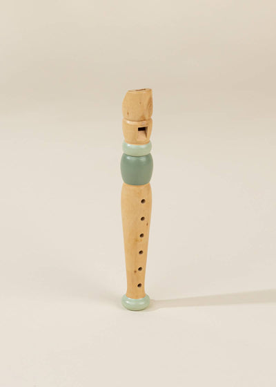 
                    
                      Wooden Musical Instruments Playset recorder, natural wood with light green details, front view showing finger holes.
                    
                  