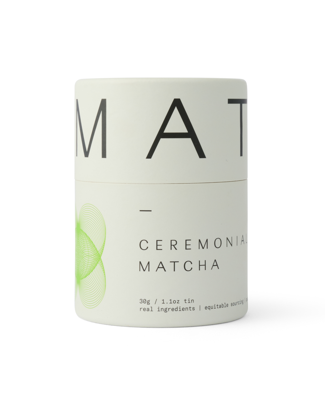 Dona Ceremonial Matcha tin, white with green spiral graphic and black text, front view on white background