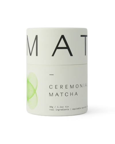 
                    
                      Dona Ceremonial Matcha tin, white with green spiral graphic and black text, front view on white background
                    
                  