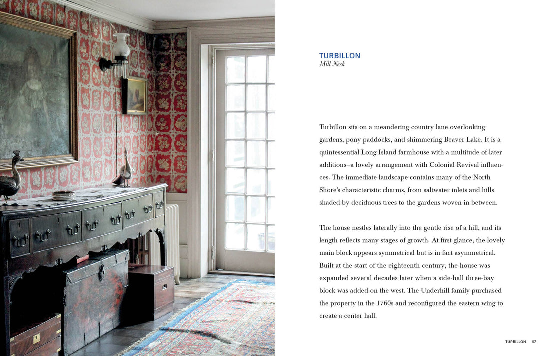 Book page from Americana: Farmhouses and Manors of Long Island, showing elegant interior of a manor with red floral…