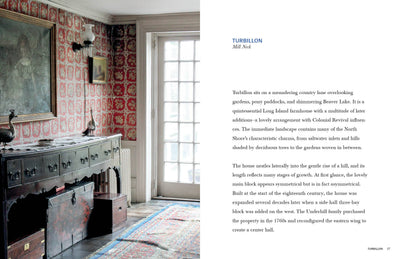 
                    
                      Book page from Americana: Farmhouses and Manors of Long Island, showing elegant interior of a manor with red floral…
                    
                  