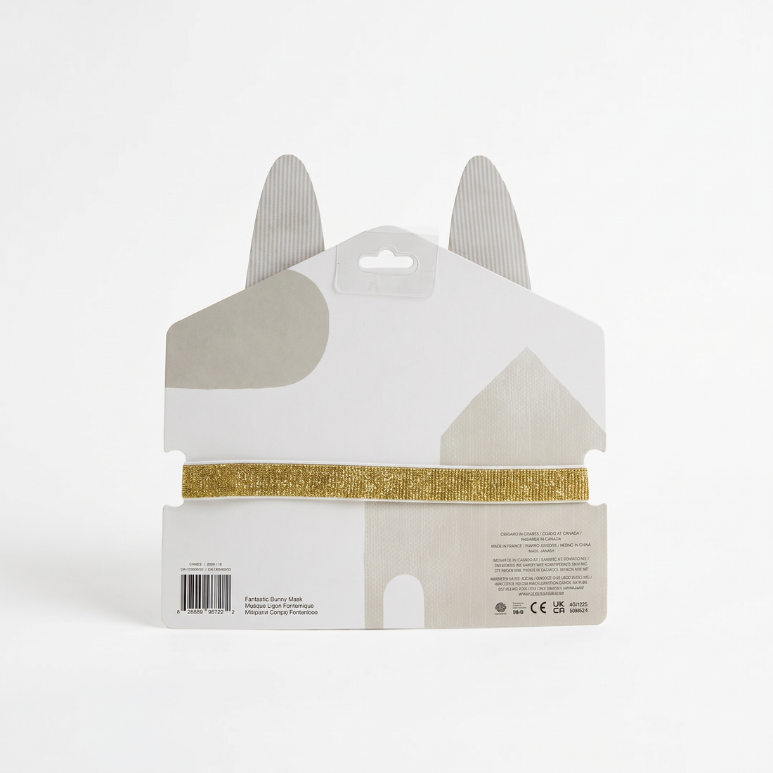 Fantastic Bunny play mask, back view of packaging with barcode, gold glitter elastic strap, and grey stripe bunny ears.
