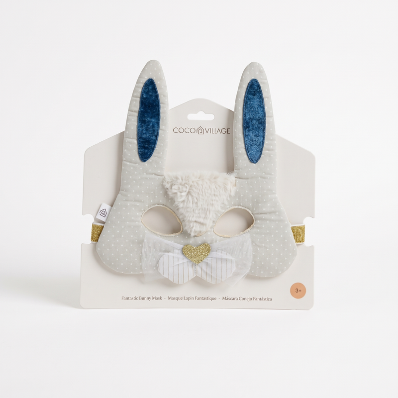 Coco Village Fantastic Bunny play mask, grey polka dot with blue velvet ears, white faux fur nose, gold glitter heart