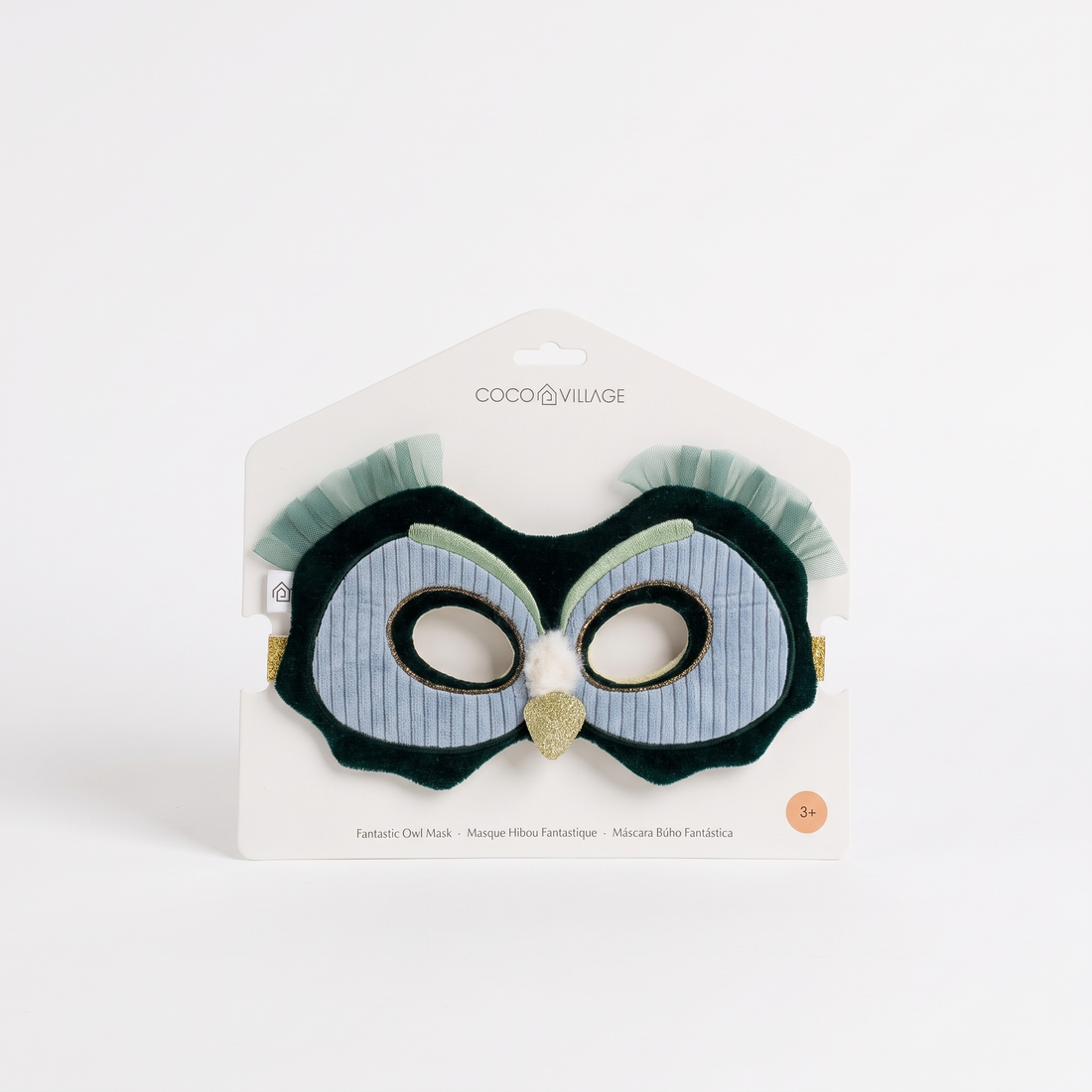 Coco Village Fantastic Owl play mask, dark green velvet, light blue corduroy, gold glitter, white pom-pom, on packaging
