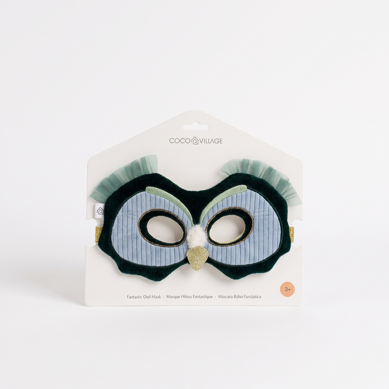 Coco Village Fantastic Owl play mask, dark green velvet, light blue corduroy, gold glitter, white pom-pom, on packaging