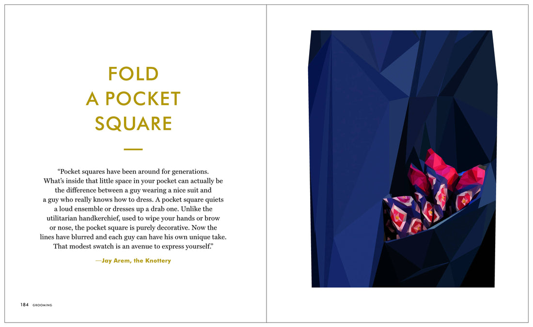 Kaufmann Mercantile Guide book, interior page. 'Fold a Pocket Square' text with colorful geometric pocket square in blue…