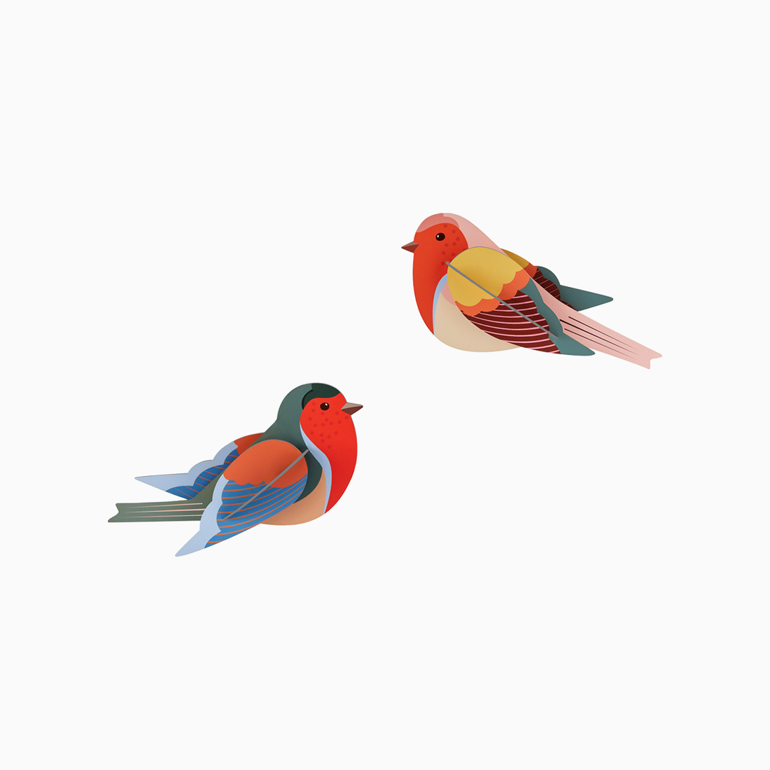 Studio Roof 3d Robins build kit, two stylized red-breasted birds, blue, green, yellow accents, recycled cardboard, front…