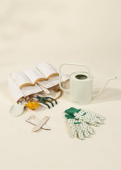 
                    
                      Kids' Gardening Tools Playset toys: white canvas tote, light green metal watering can, wooden markers, green patterned…
                    
                  