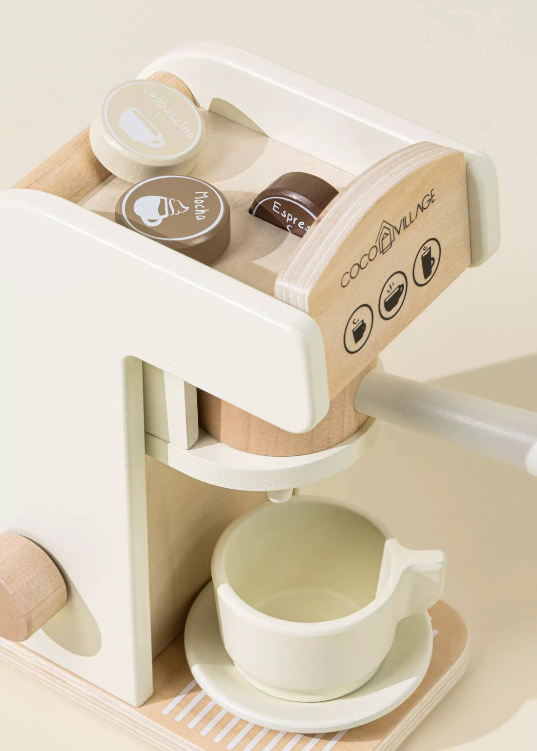 Wooden Coffee Maker Set, pine wood & cream finish, angled view showing top removable 'Cappuccino' & 'Mocha' pods.