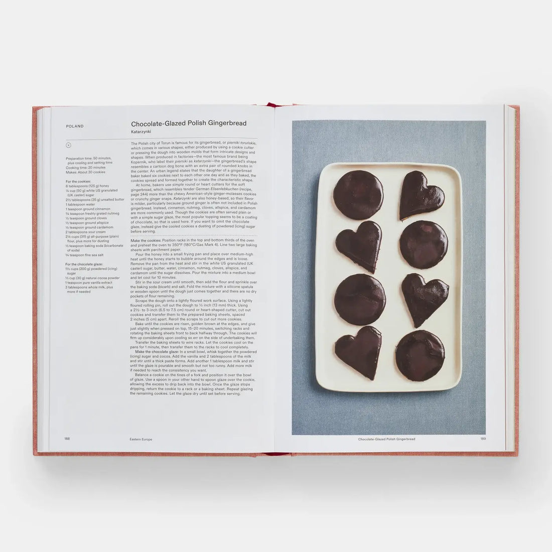 Crumbs: Cookies And Sweets cookbook, open to Chocolate-Glazed Polish Gingerbread recipe, featuring dark heart & round glazed…