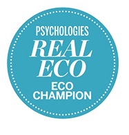 Psychologies Real Eco Eco Champion certification badge, teal blue with white text and dotted border, front view.