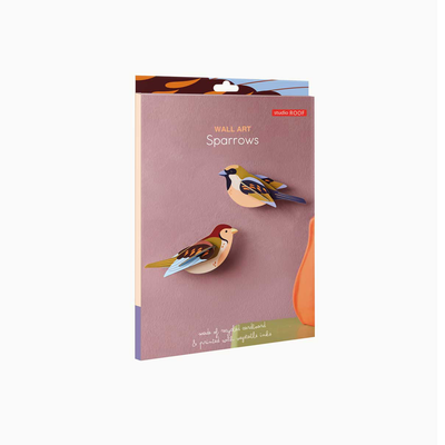 
                    
                      3D Sparrows model kit packaging, vibrant sparrows printed on recycled cardboard, angled view showing 'vegetable inks' detail.
                    
                  