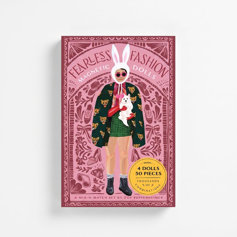 Chronicle Books Fearless Fashion Magnetic Dolls set. Illustrated box cover: doll with bunny ears, leopard coat, holding a…