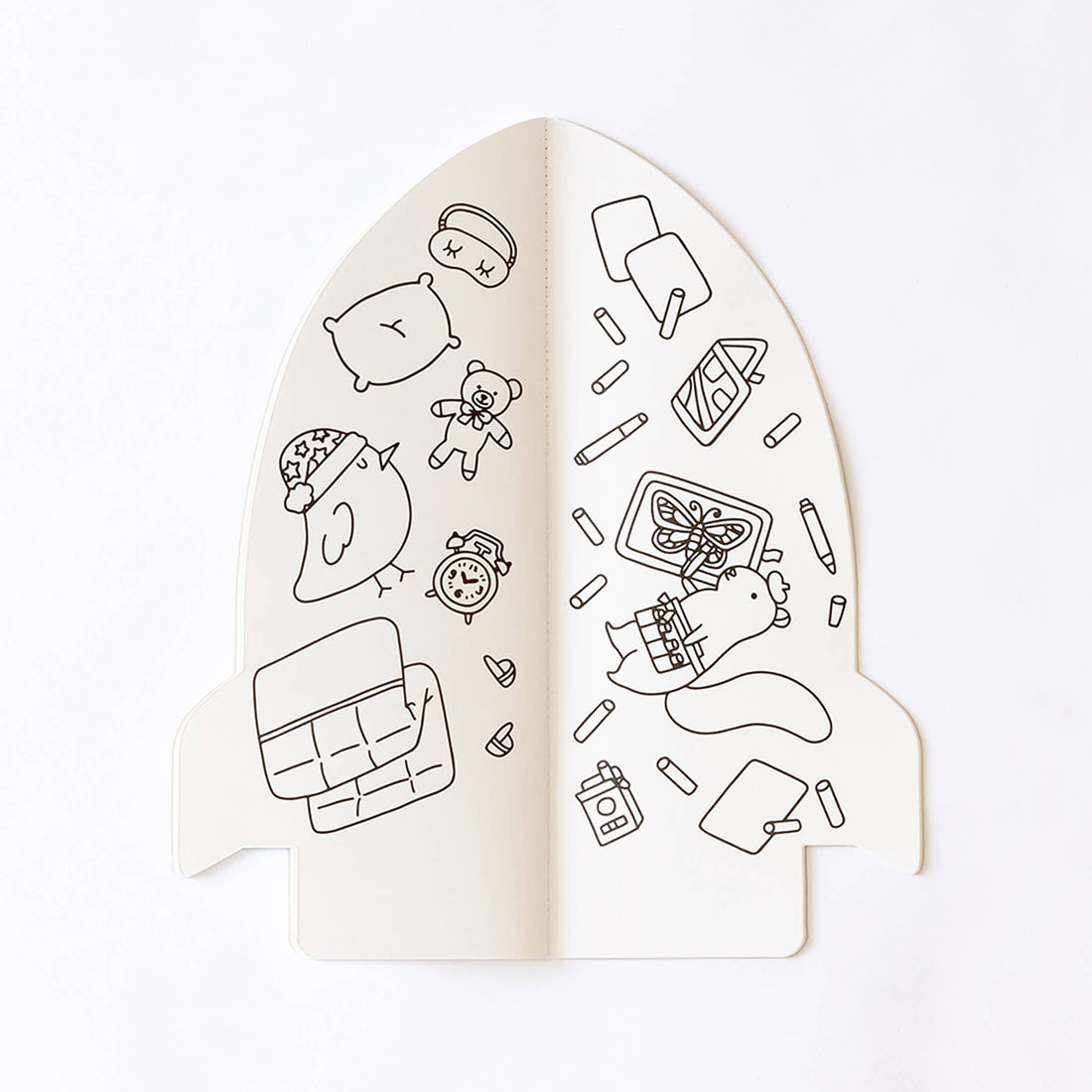Jumbo Rocket coloring book, open flat lay view, showing black line art drawings on white paper.