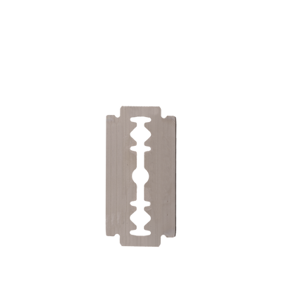
                    
                      Double-edged safety razor blade, polished stainless steel, front view on white.
                    
                  
