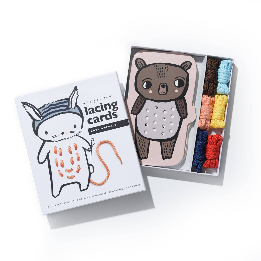 Wee Gallery Lacing Cards - Baby Animals set, open box with bear lacing card, six fabric laces, and product packaging…