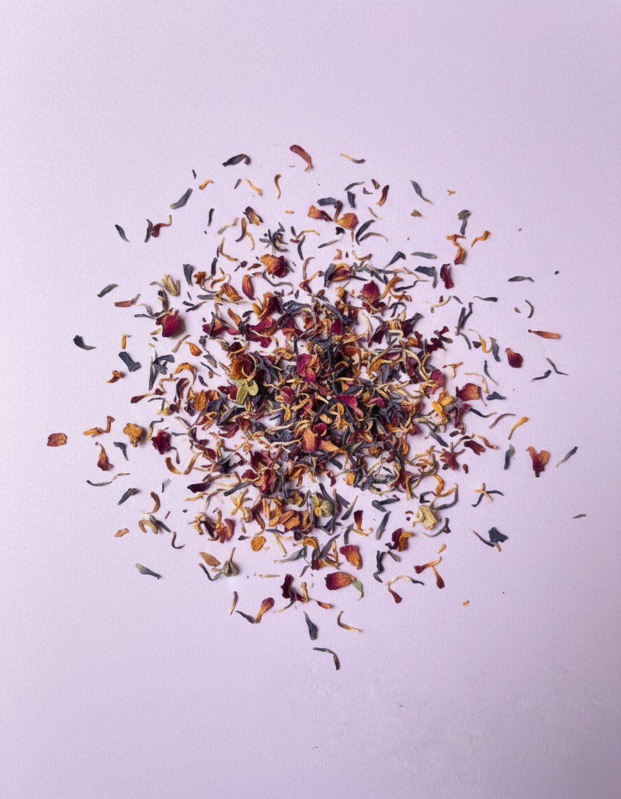 Flower Sprinkles edible decor, scattered organic flower petals in red, orange, and deep blue/green, top-down view on light…