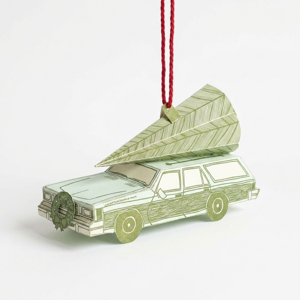 Blackbird Letterpress Holiday Station Wagon & Christmas Tree 3D Die-Cut Card studio product photo on a neutral off-white background