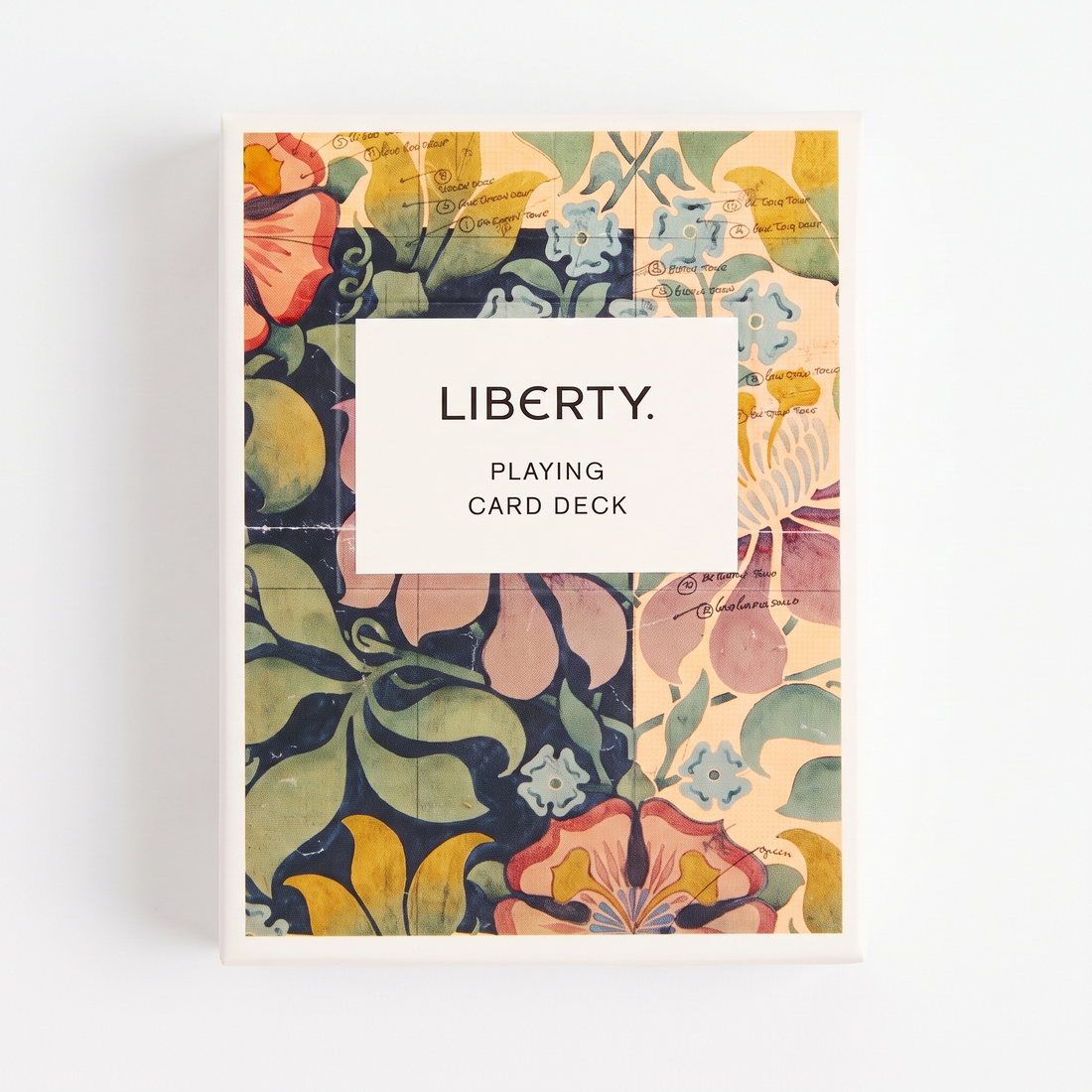 Liberty Archive Playing Card Deck, archival floral design in blue, green, pink, yellow, with hand-drawn notes, front view on…