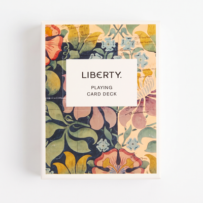 
                    
                      Liberty Archive Playing Card Deck, archival floral design in blue, green, pink, yellow, with hand-drawn notes, front view on…
                    
                  