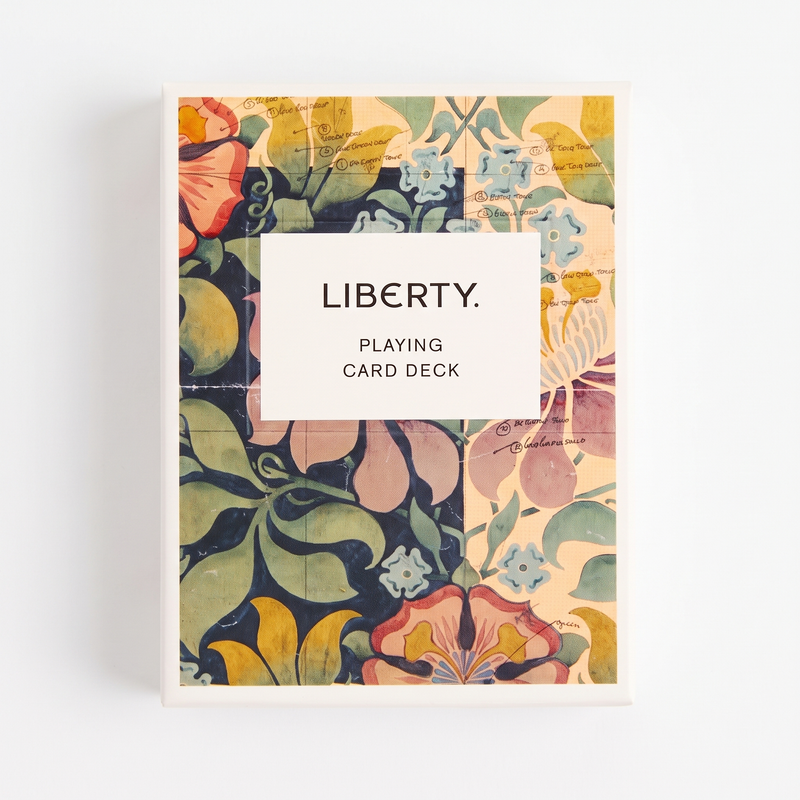 Liberty Archive Playing Card Deck, archival floral design in blue, green, pink, yellow, with hand-drawn notes, front view on…