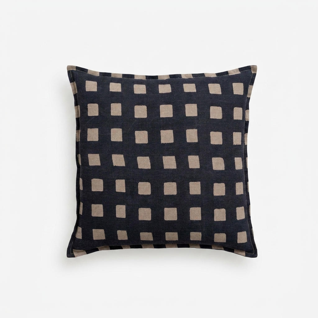 Live Linen Olea Decorative throw pillow, 100% European Linen, dark blue with tan square grid pattern, front view on white.