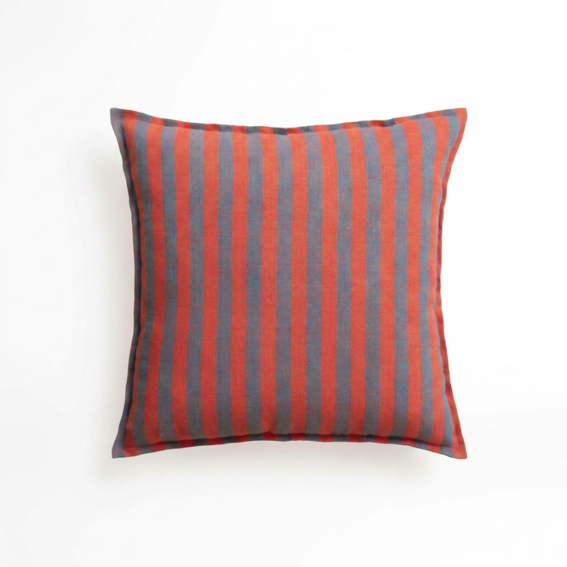 Live Linen Roso Decorative Pillow, 100% European Linen with orange and blue-grey vertical stripes, front view.