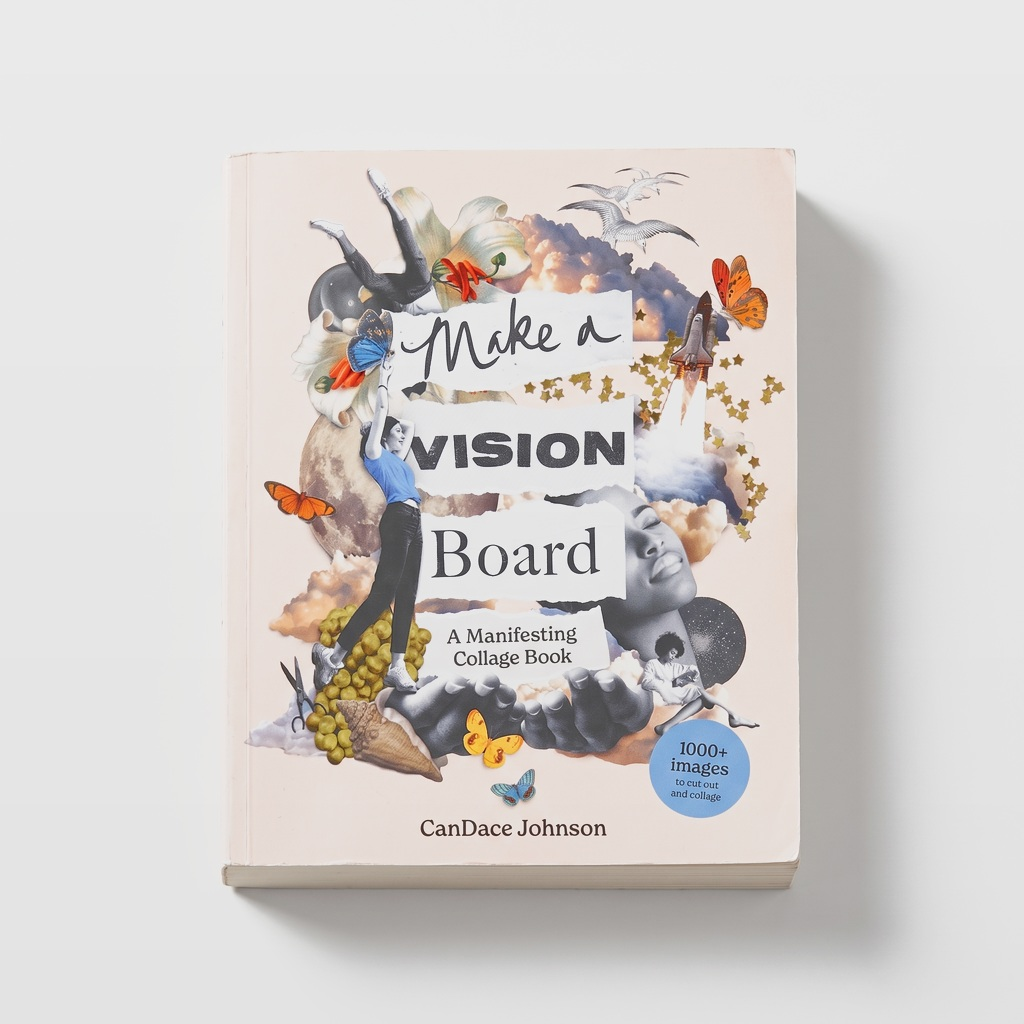 Chronicle Books Make a Vision Board book, colorful collage cover art featuring figures, butterflies, stars, front view on…