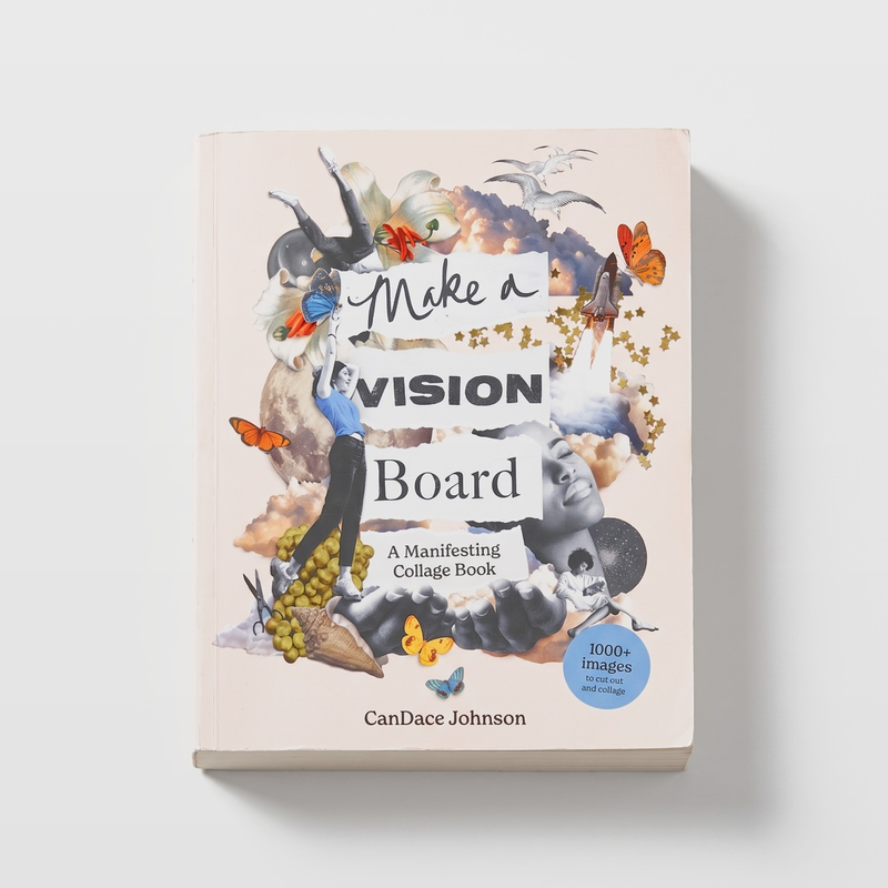 Chronicle Books Make a Vision Board book, colorful collage cover art featuring figures, butterflies, stars, front view on…