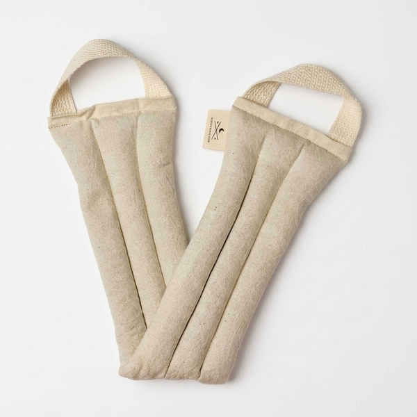 Slow North Microwaveable Neck Wrap, Natural Linen, cotton-linen blend canvas, V-shape flat lay on white.
