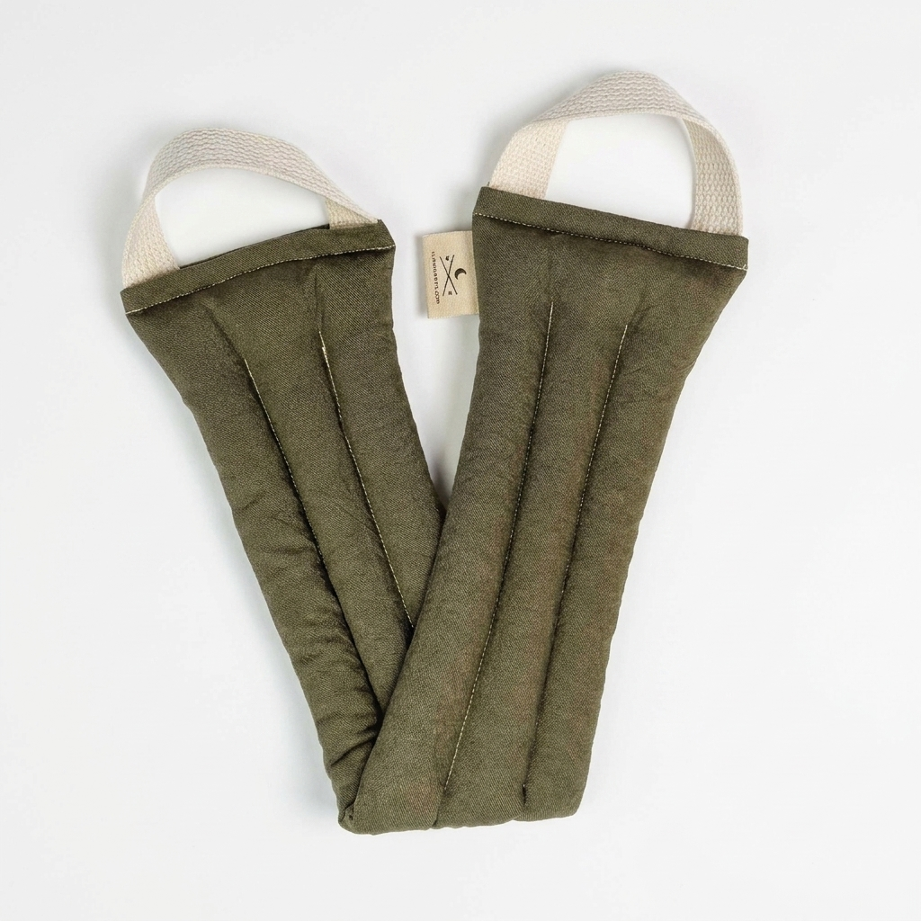 Slow North Microwaveable Neck Wrap, Olive, made of olive cotton-linen canvas with light beige fabric handles, flat lay on…