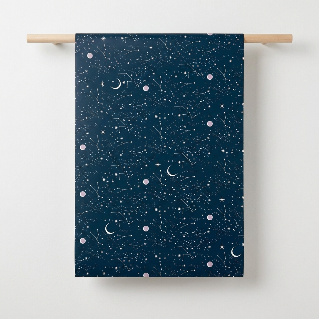 Red Cap Cards Moon and Stars wrapping paper, dark blue with white constellations, crescent moons, and pink planets, hanging…