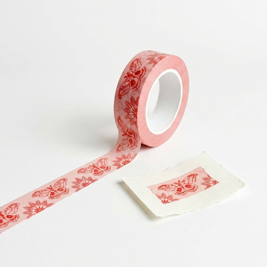 Blackbird Letterpress Moths On Pink Washi Tape studio product photo on a neutral off-white background