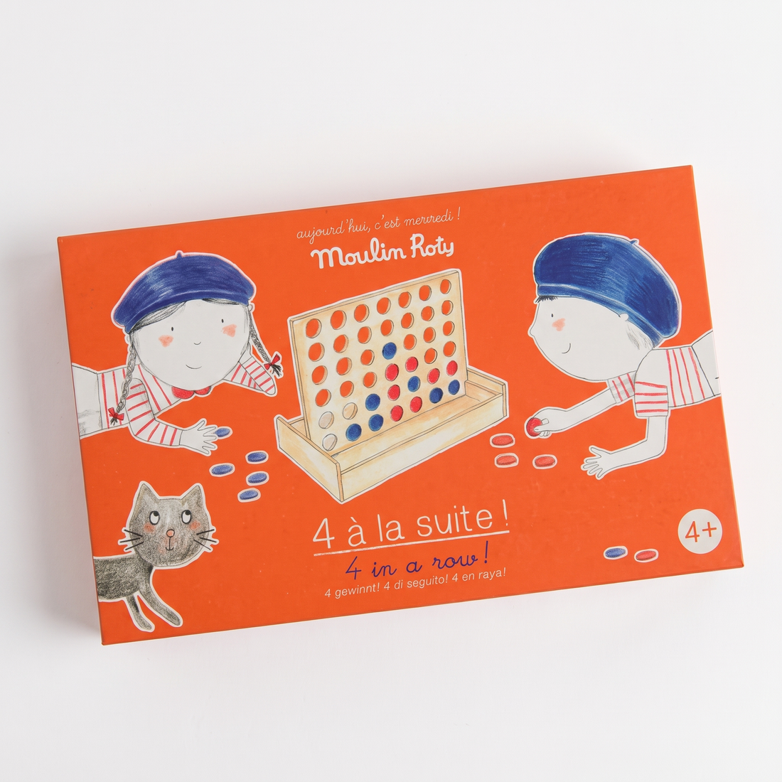 Moulin Roty 4 in a Row Wooden Board Game studio product photo on a neutral off-white background