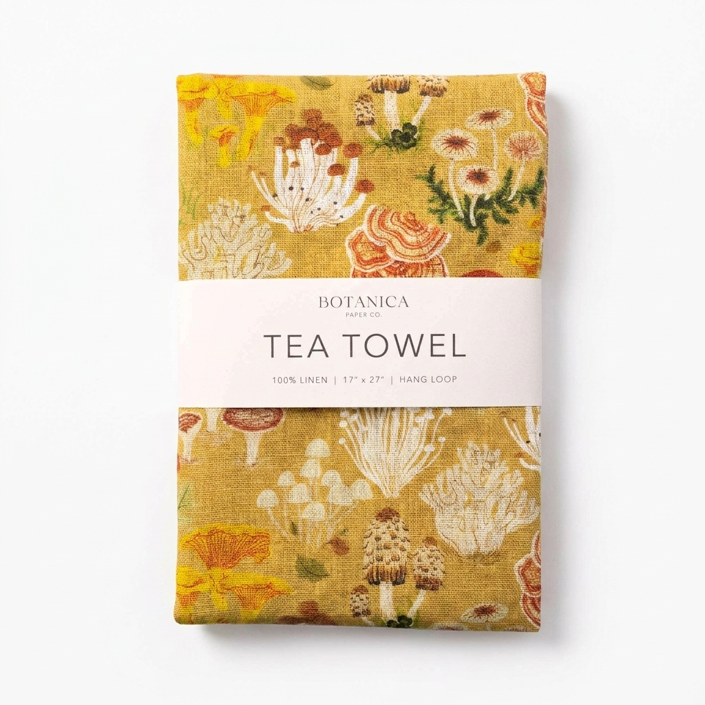 Botanica Paper Co. Mushrooms linen tea towel, yellow with colorful mushroom pattern, neatly folded with brand band, front on…