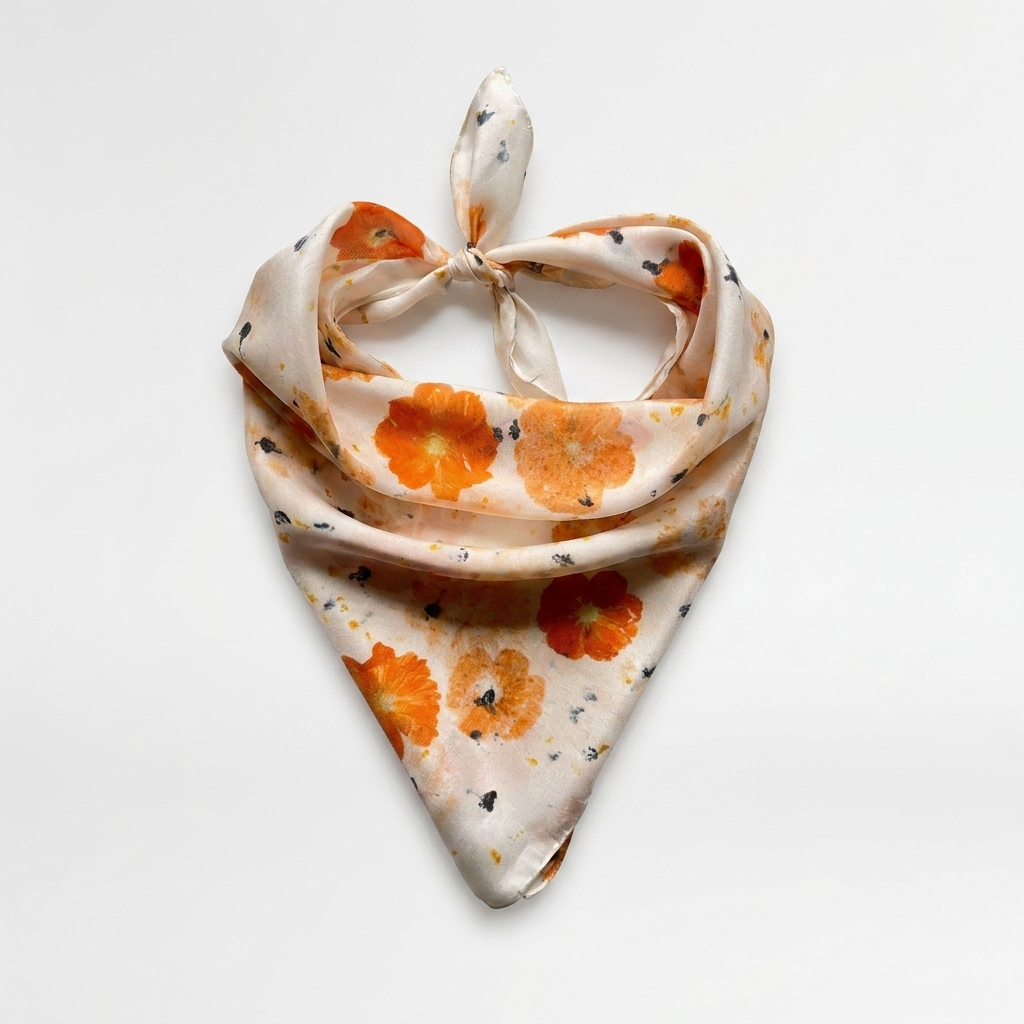 Vive Textiles Abby Silk Bandana Scarf, cream silk with orange bundle-dyed floral pattern, knotted triangle fold on white.